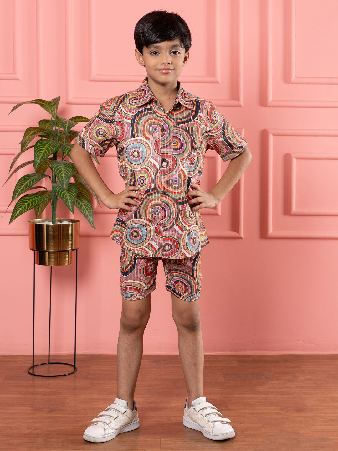BEBE UNICORN Boys Geometric Printed Short Sleeves Thread Work Pure Cotton Shirt & Shorts