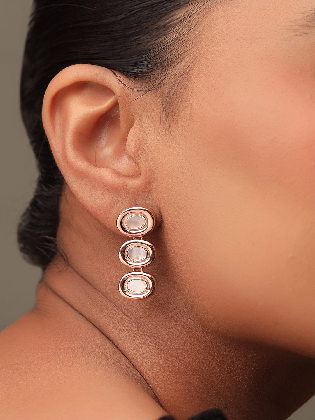 Kicky And Perky Rose Gold 92.5 Sterling Silver Mother Of Pearl Studded Drop Earrings