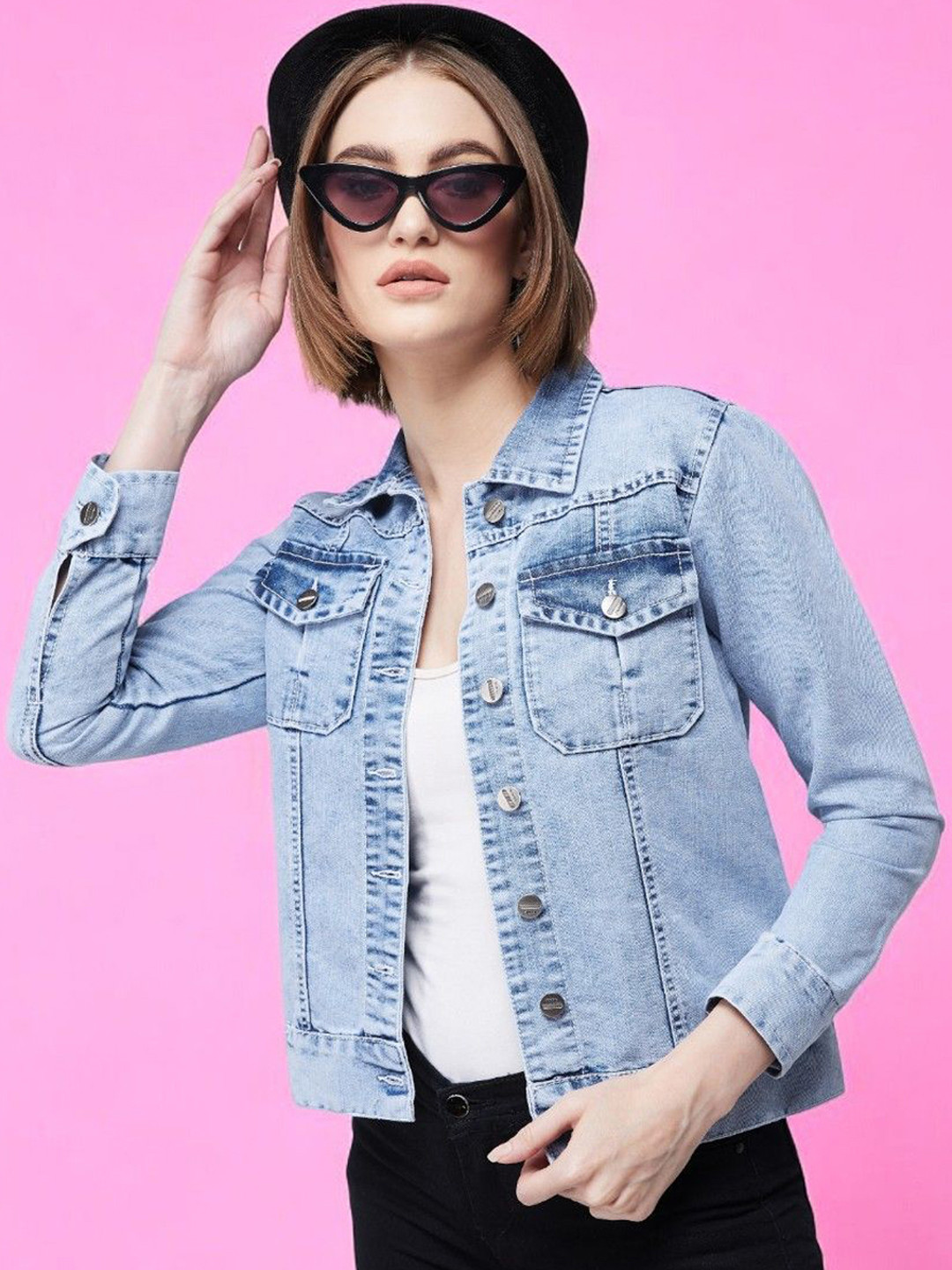 DressBerry Women Collared Full Sleeves Solid Buttoned Denim Jacket