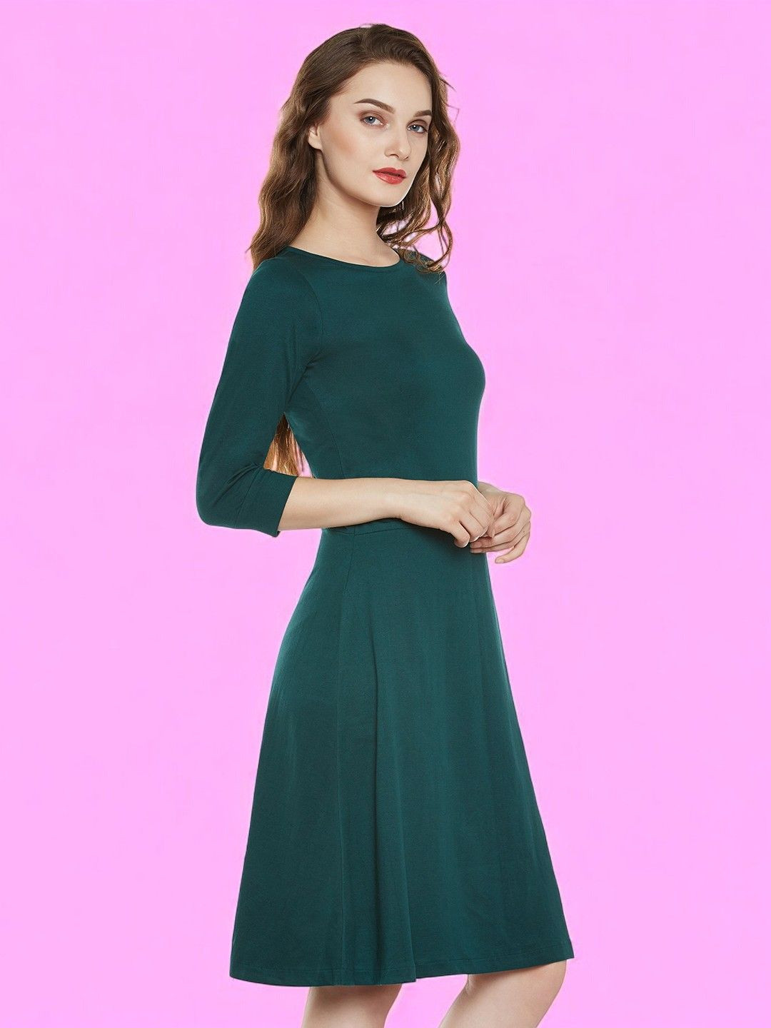 DressBerry Cotton Round Neck 3/4 Sleeve Solid Mini Skater Dress