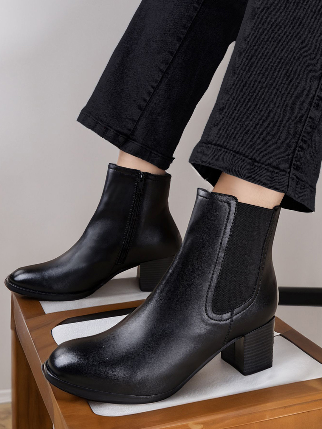 Bxxy Women Faux Zipper High Ankle Boots and Chelsea Boot