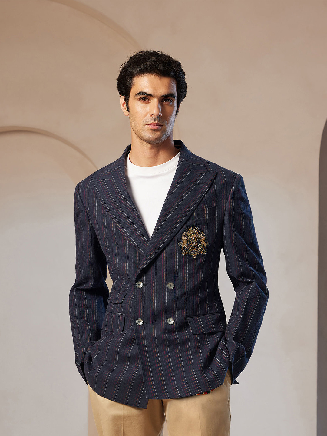 U.S. Polo Assn. Men Pacho X Crest Logo Striped Double Breasted Blazer