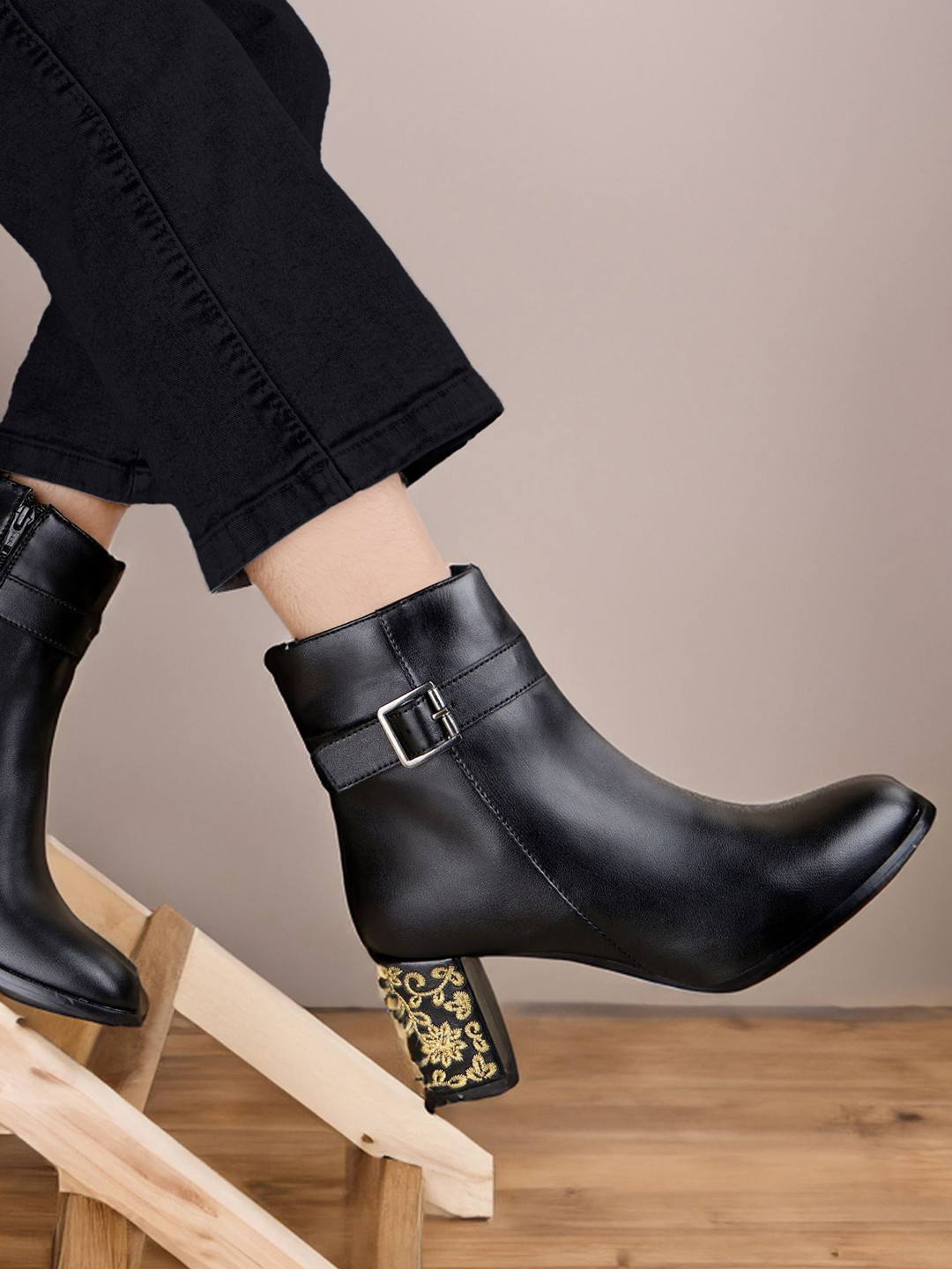 Bxxy Women Embroidered Heels Buckle and Zipper High Ankle Formal Boots