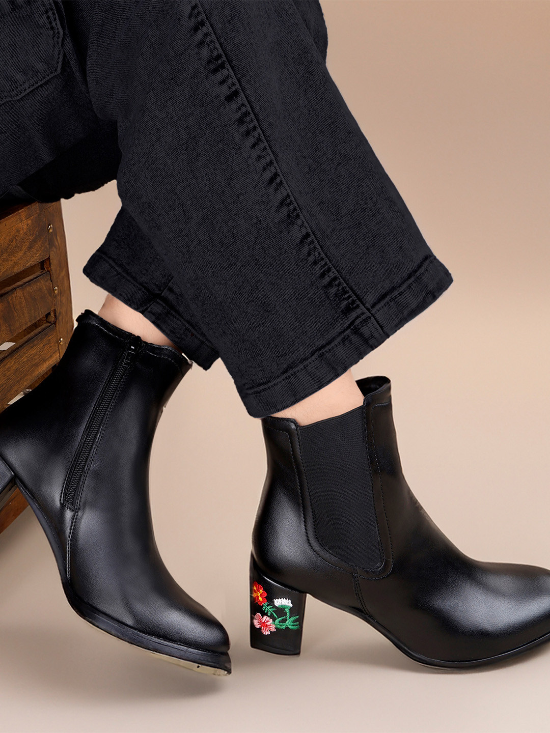 Bxxy Women Embroidered Heels Buckle and Zipper High Ankle Formal Boots