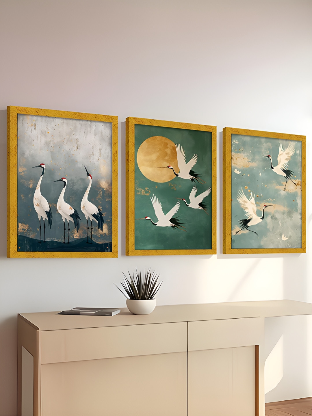 Art Street Gold Toned & Green 3 Pieces Crane Bird Printed Painting Wall Art