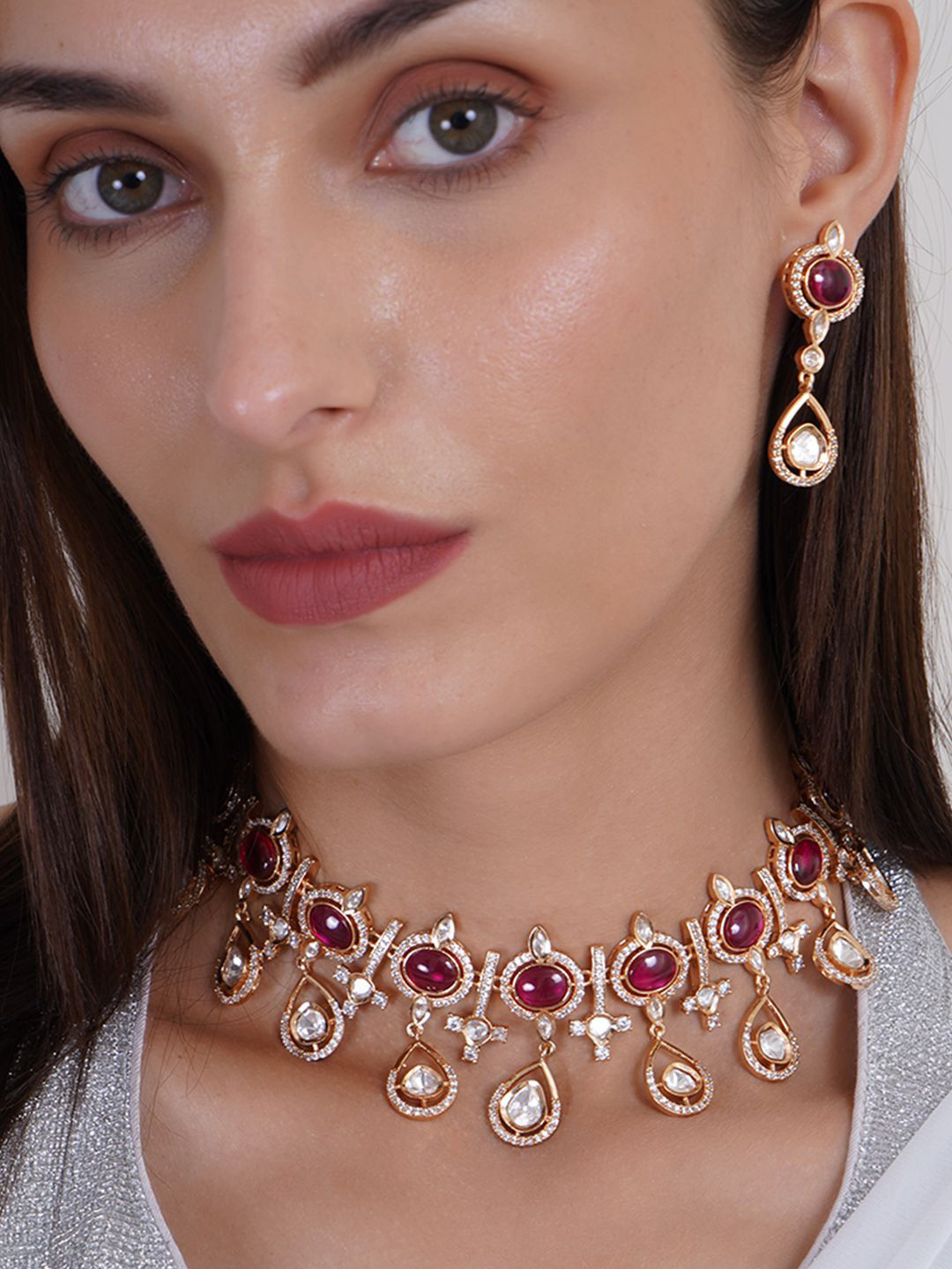 Adwitiya Collection Gold Plated American Diamond & Polki Kundan Studded Jewellery Set