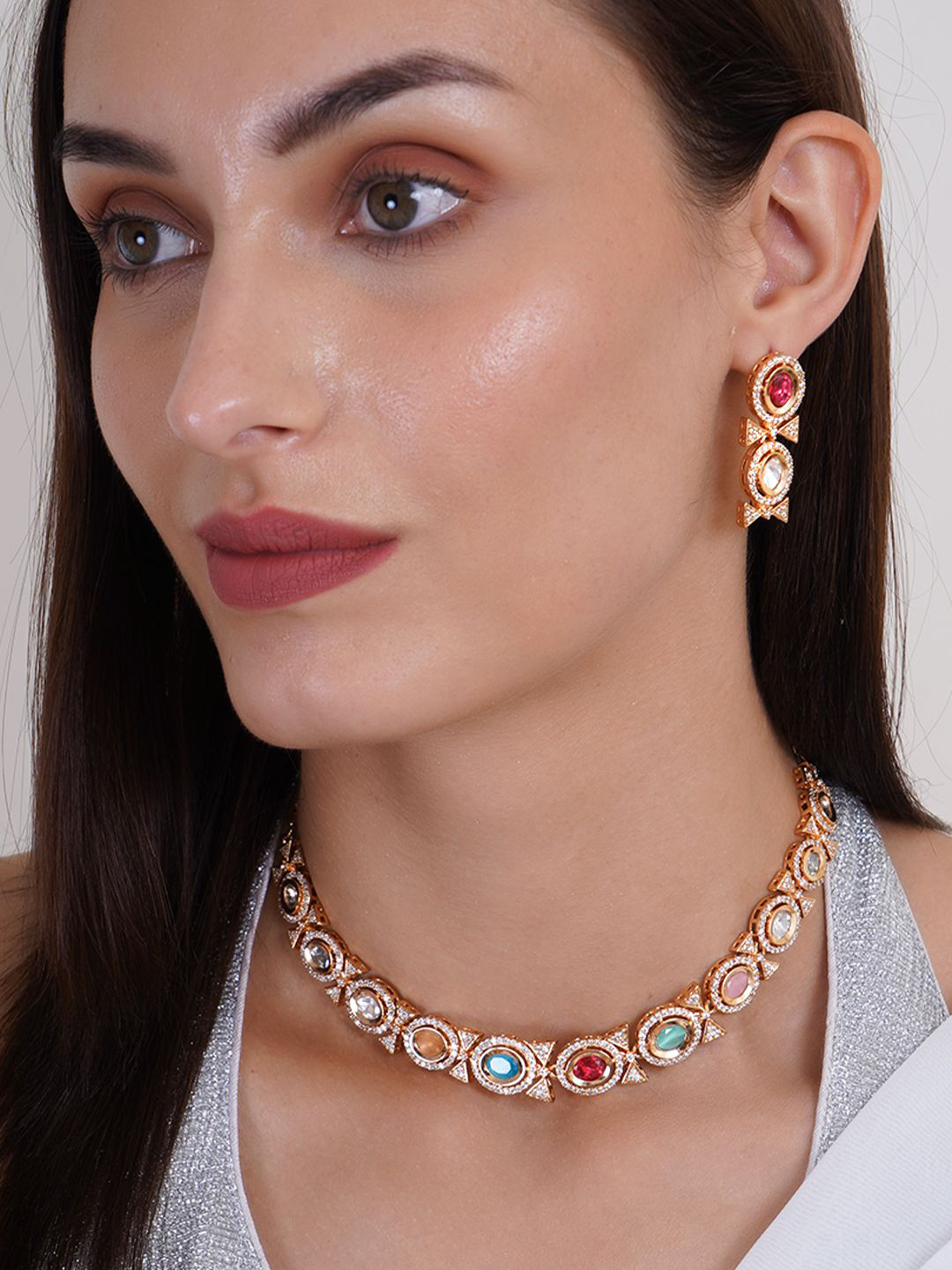 Adwitiya Collection Gold Plated American Diamond & Polki Kundan Studded Jewellery Set
