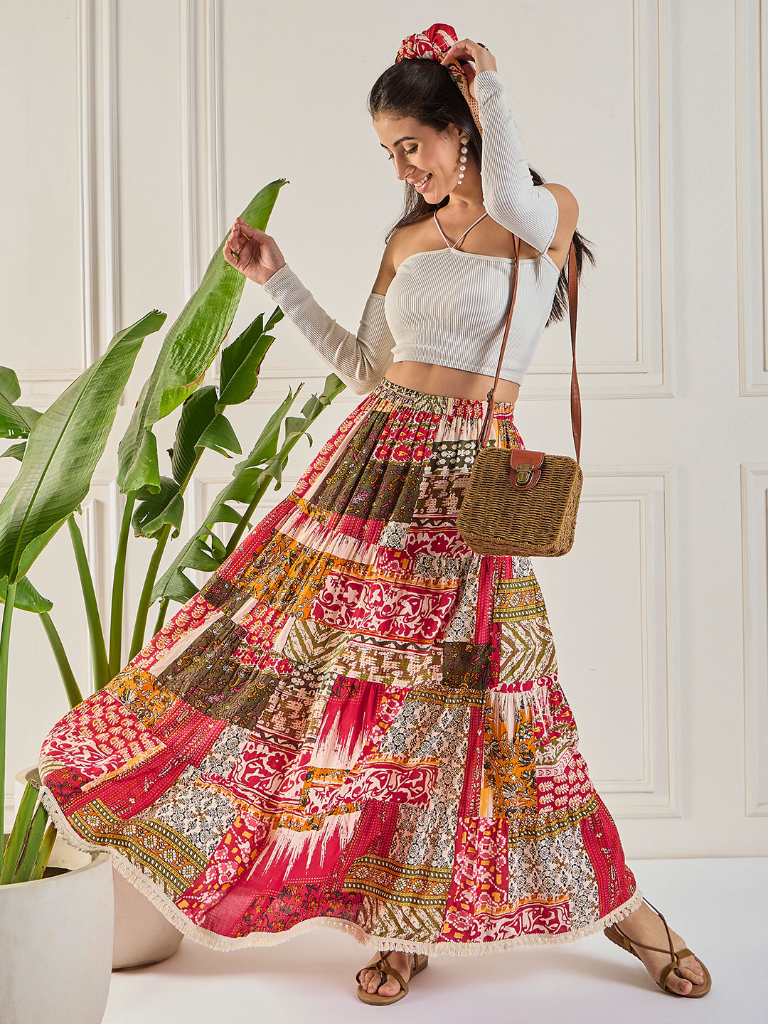 WineRed Women Ethnic Motifs Printed Tiered Maxi Skirt