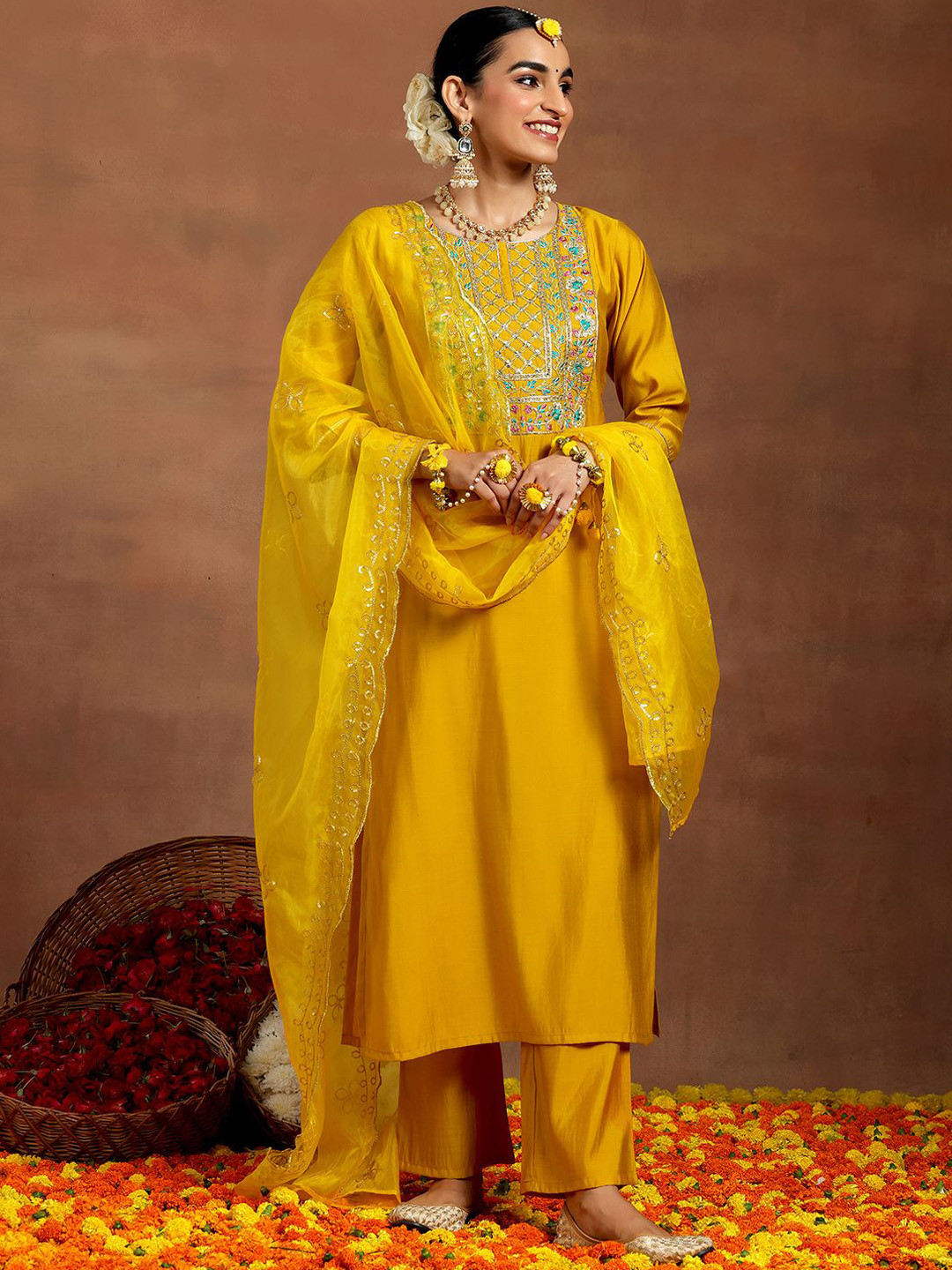 Gerua By Libas Ethnic Motifs Embroidered Zari Work Straight Kurta With Trouser & Dupatta