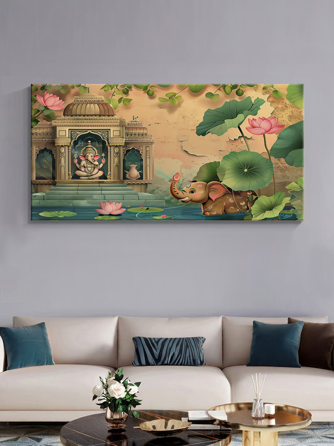 999Store Beige & Green Ganesha Temple Canvas Painting Wall Art