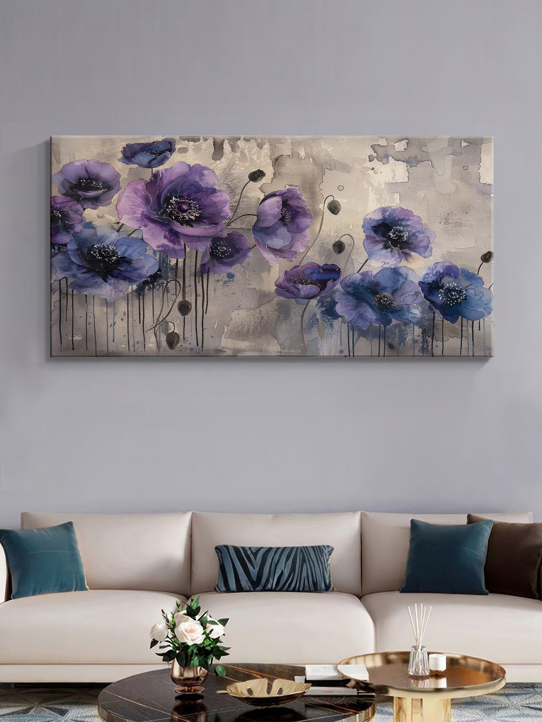 999Store Grey & Purple Canvas Floral and Botanical Wall Art