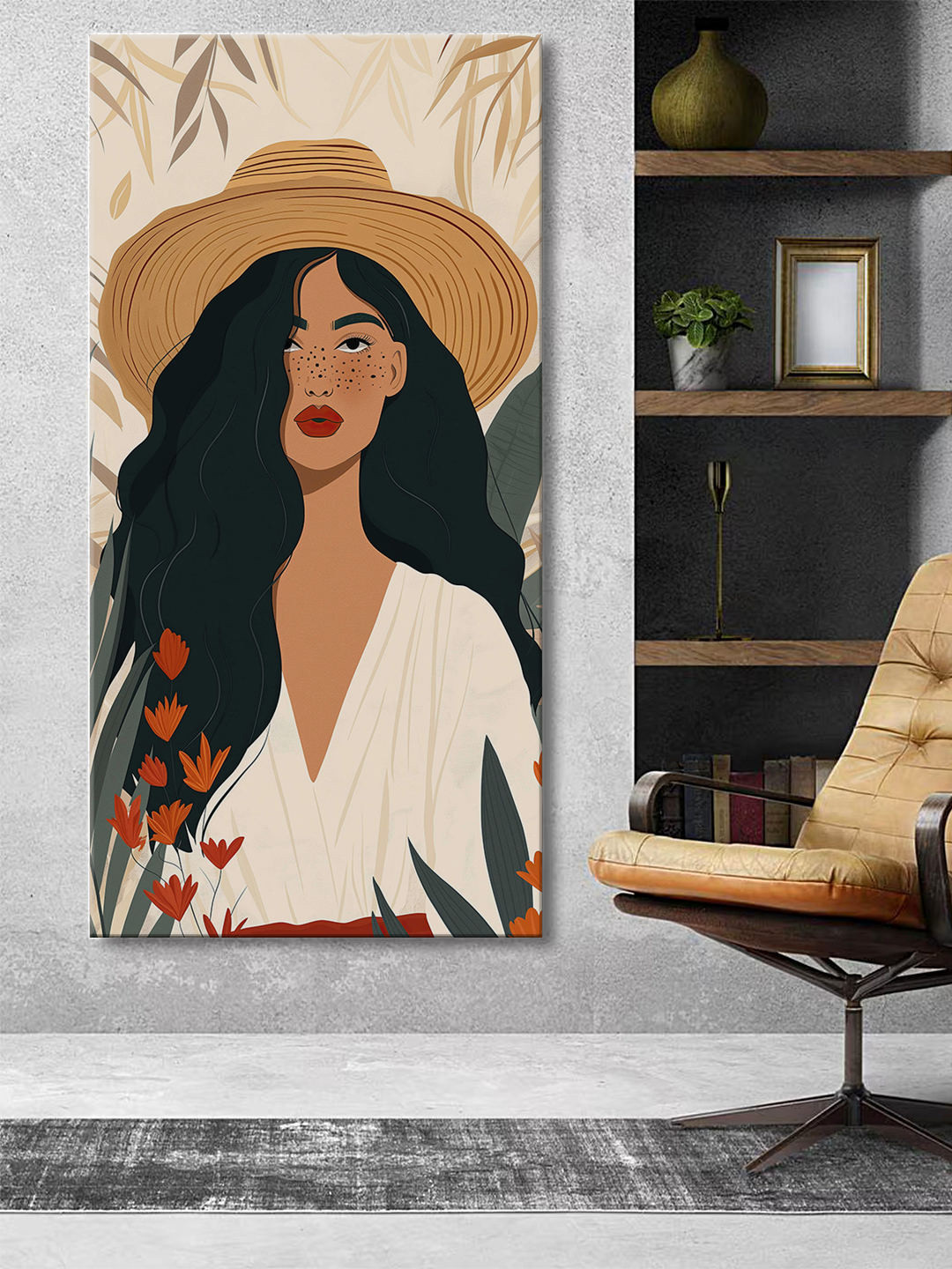 999Store Gold-Toned & Orange Canvas Bohemian Woman Wall Art