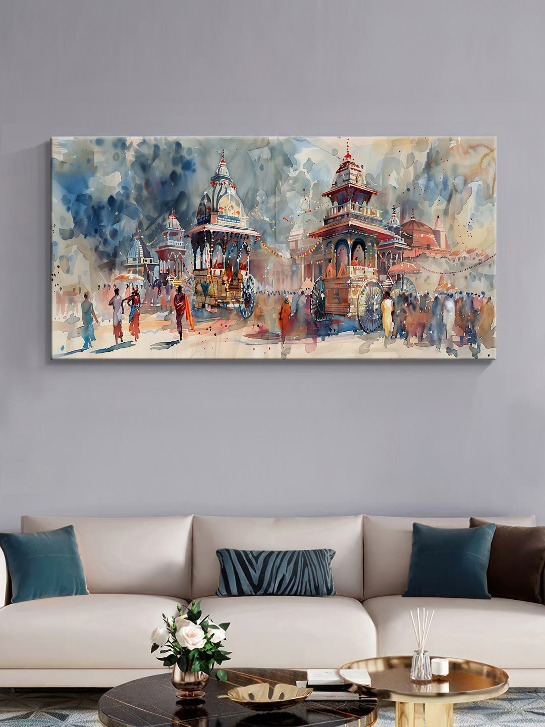 999Store Blue & Beige Canvas Festival Scene Wall Art
