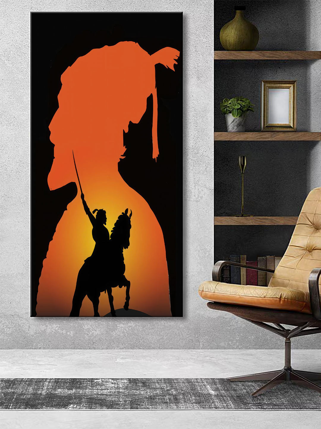 999Store Black & Orange Coloured Warrior Silhouette Canvas Wall Art
