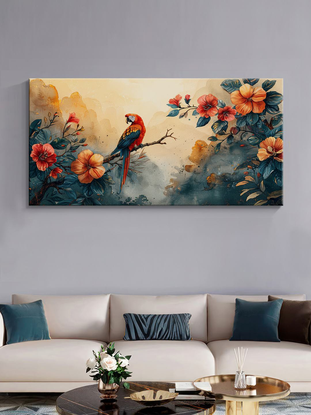 999Store Orange Coloured & Green Parrot Canvas Wall Art