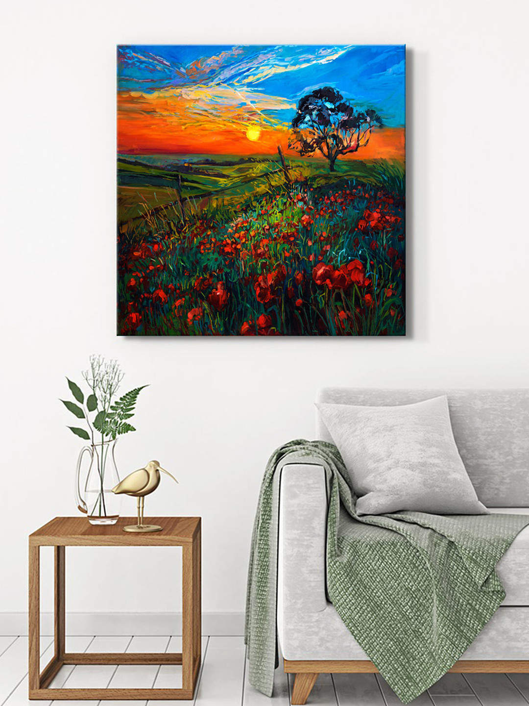 999Store Green & Orange Canvas Sunset Field Painting Wall Art