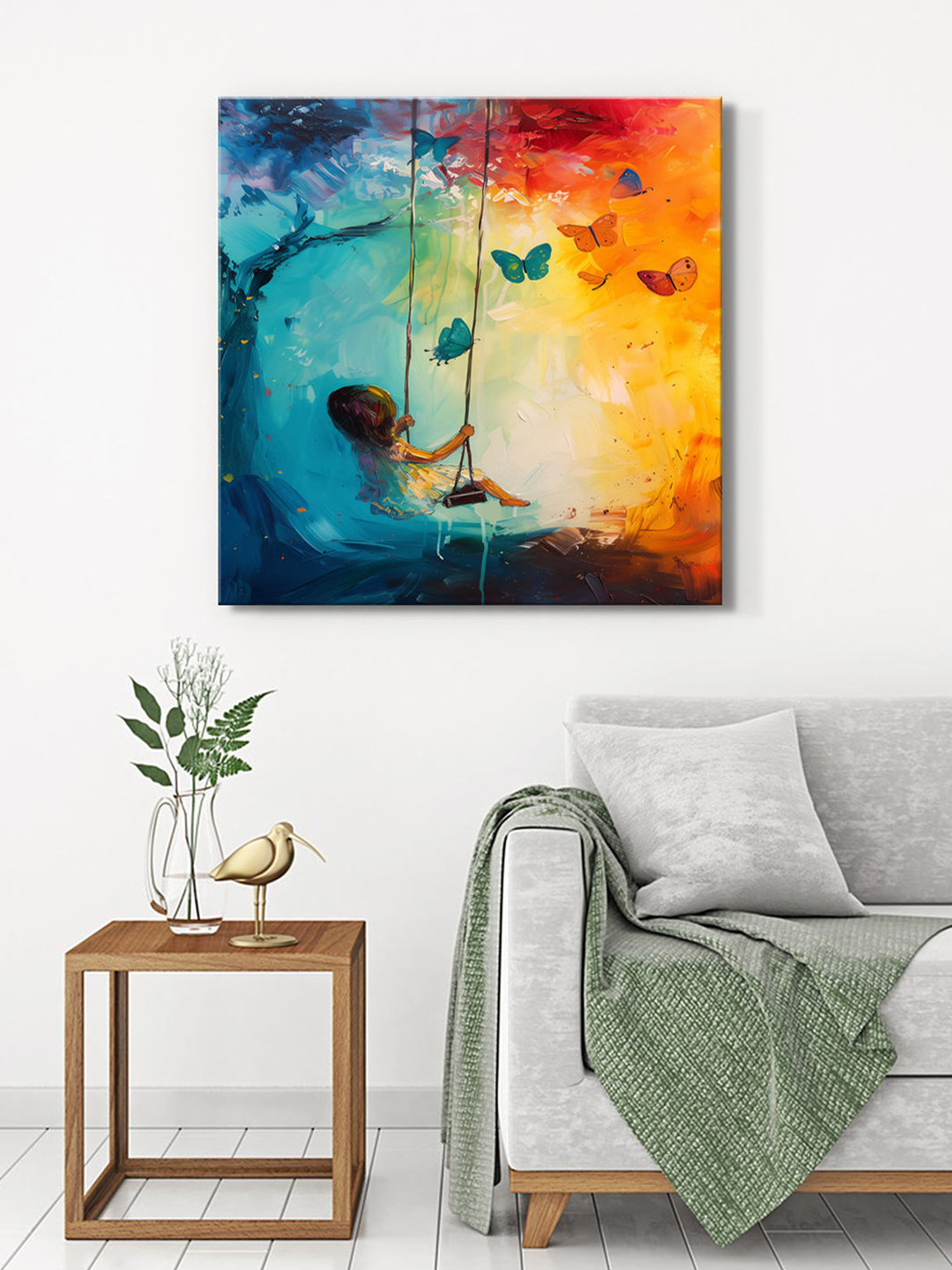 999Store Blue & Orange Coloured Child On Swing Canvas Wall Art