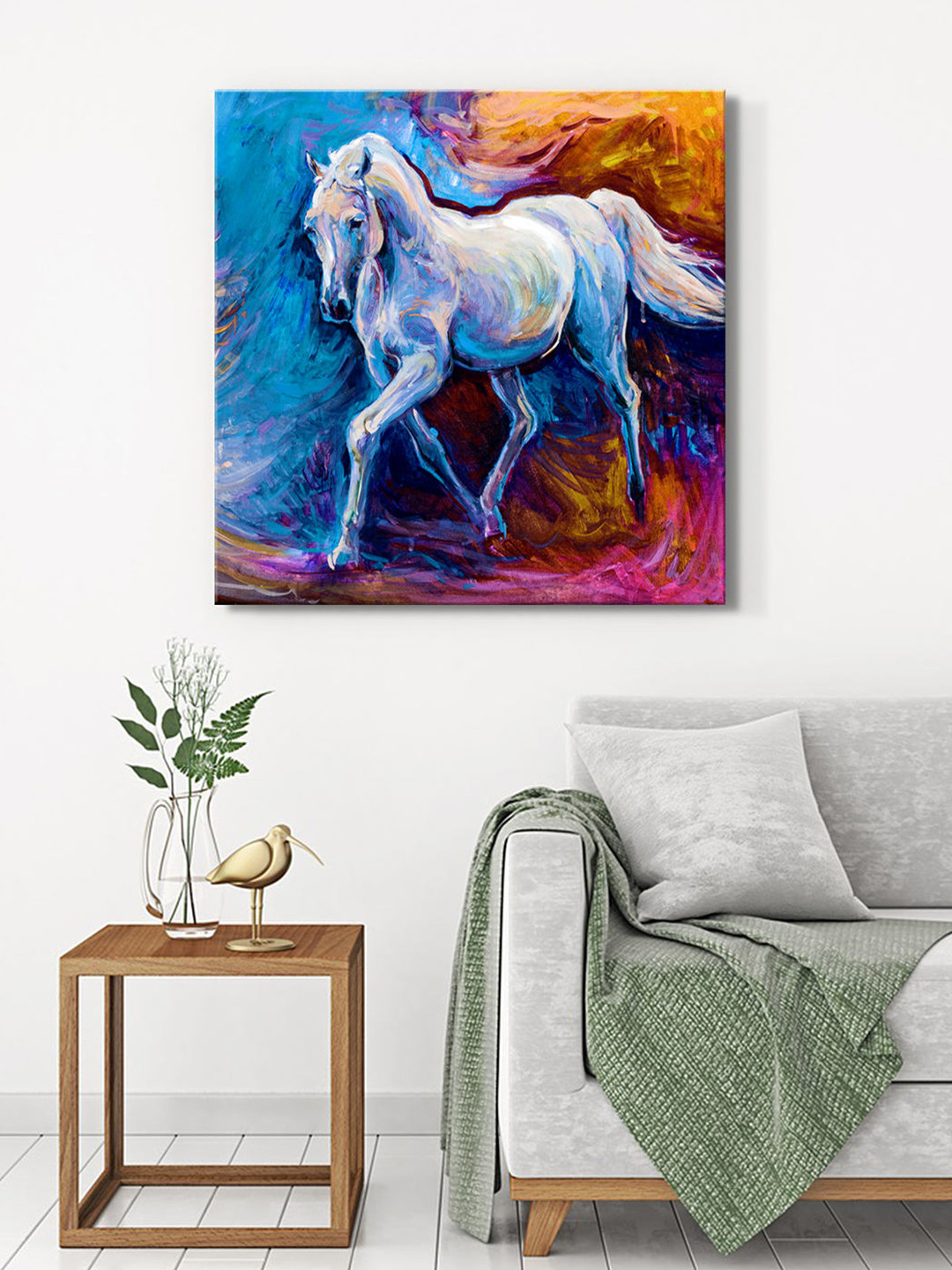 999Store Blue & White Canvas Galloping Horse Painting Wall Art