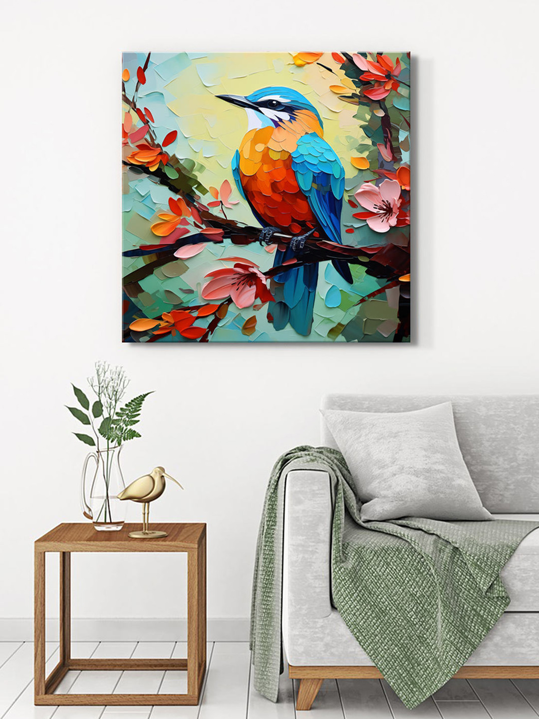 999Store Blue & Orange Coloured Bird On Branch Canvas Wall Art