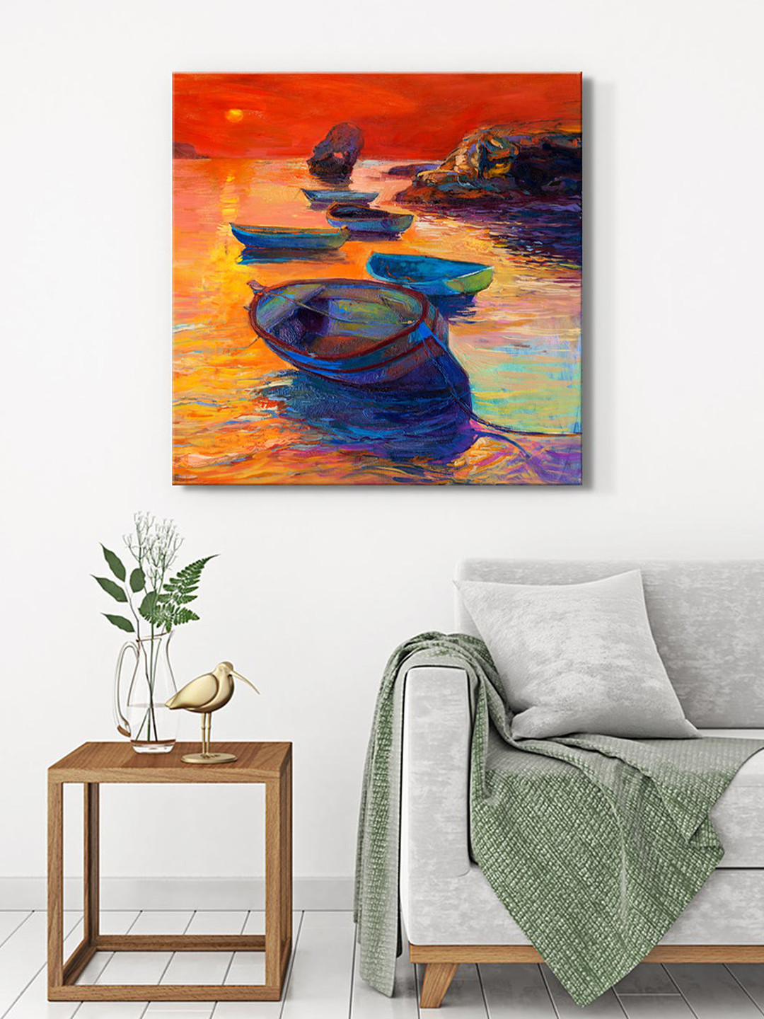 999Store Orange & Blue Canvas Evening Boats Painting Wall Art