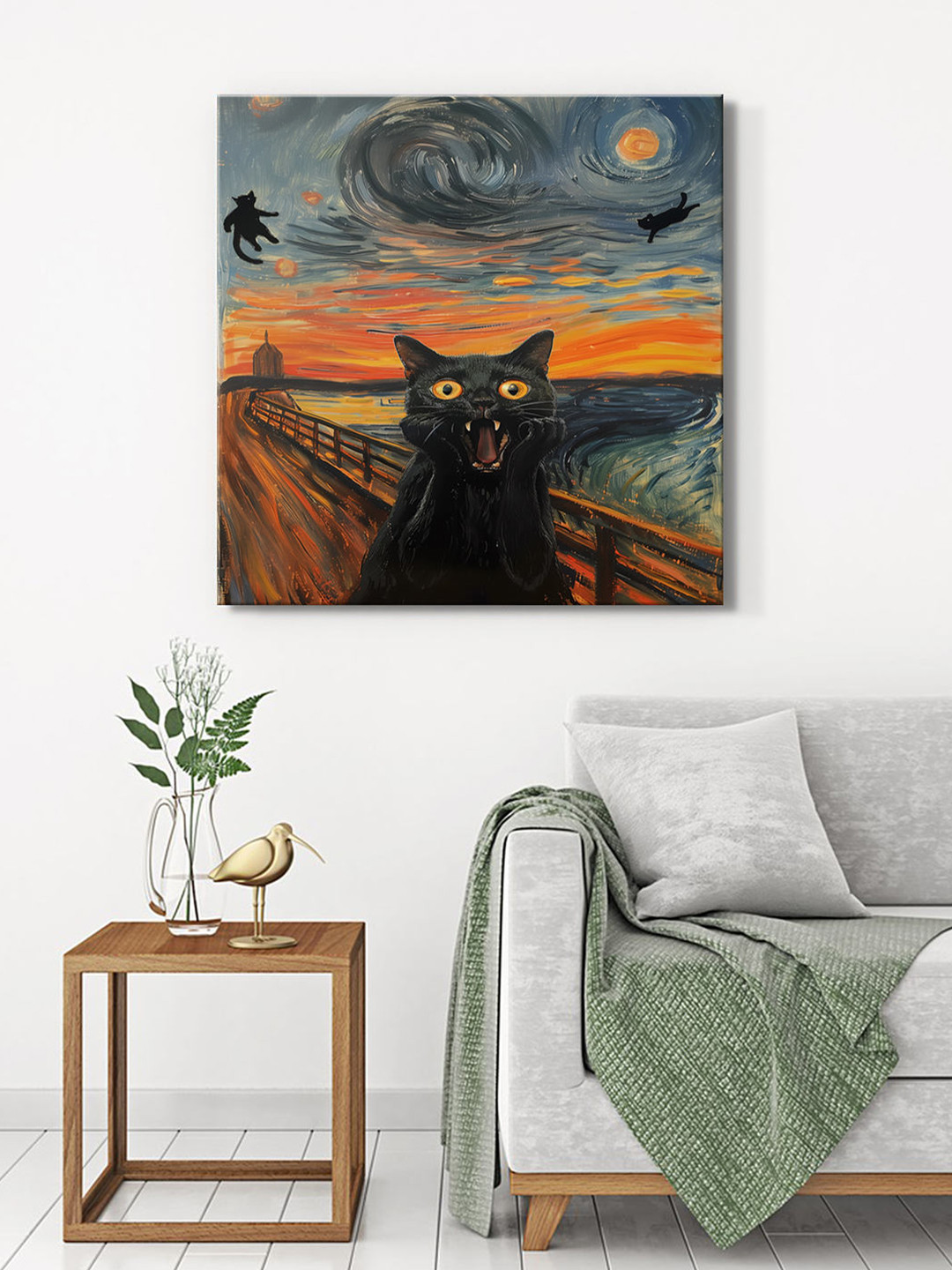 999Store Black & Orange Canvas Scream Cat Painting Wall Art