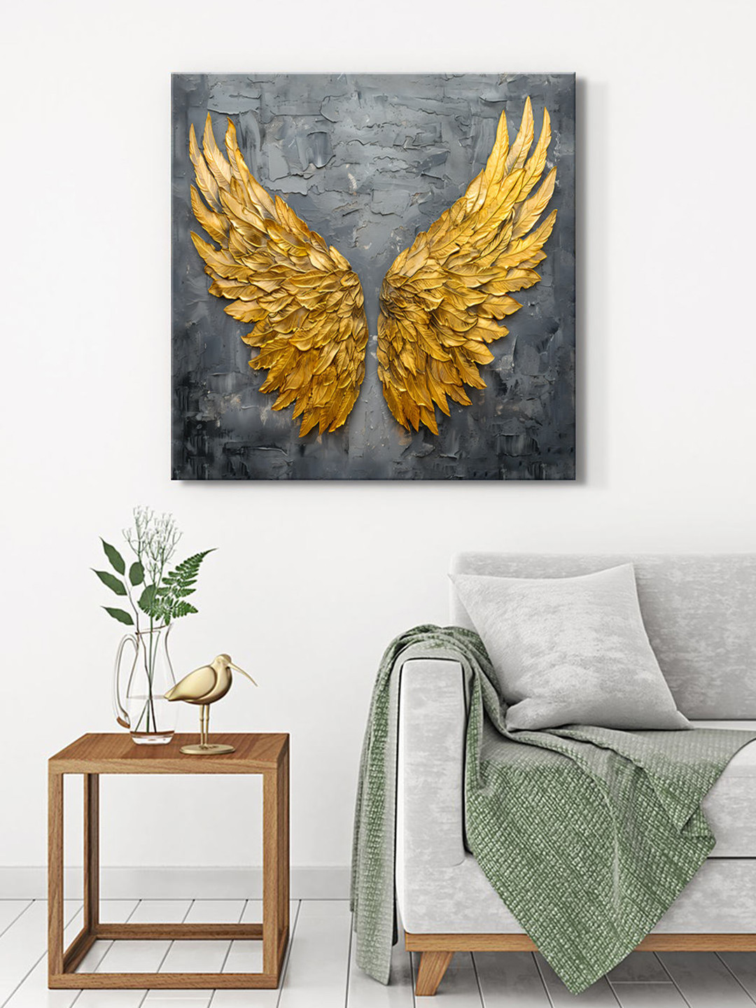 999Store Grey & Gold-Toned Angel Wings Canvas Wall Art