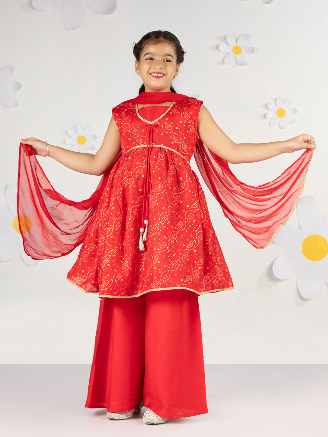 VASTRAMAY Girls Bandhani Embroidered Empire Sequinned Kurta With Palazzos & Dupatta
