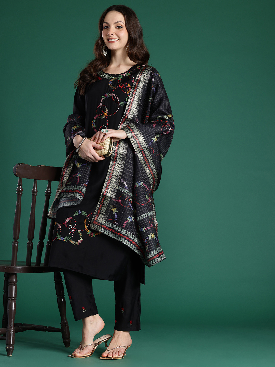 Indo Era Floral Embroidered Thread Work Kurta with Trousers & With Dupatta