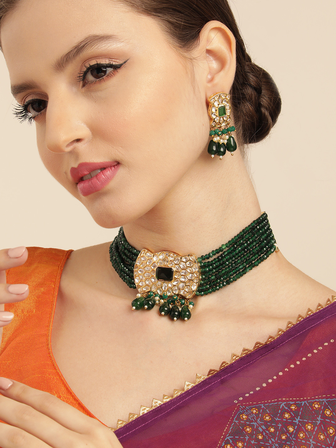 House of Pataudi Green Layered Premium Golden Pendent Chokar Necklace Set
