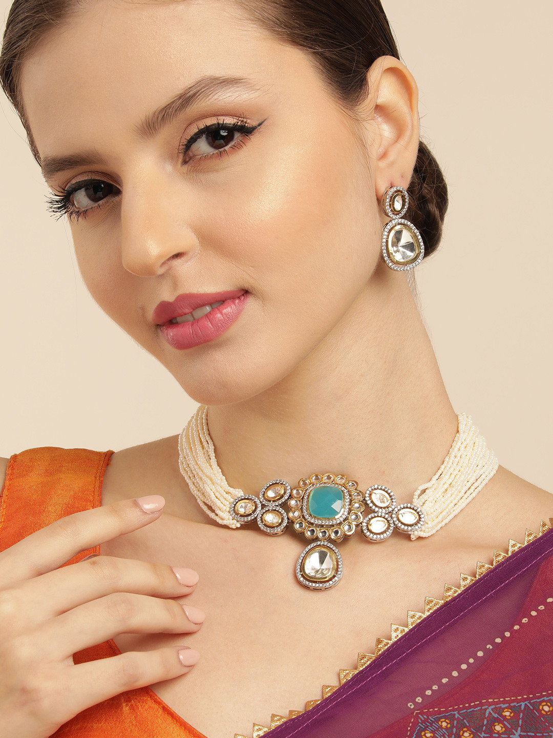 House of Pataudi Kundan AD Stud Premium Silver Polish Beaded Chokar Necklace Set