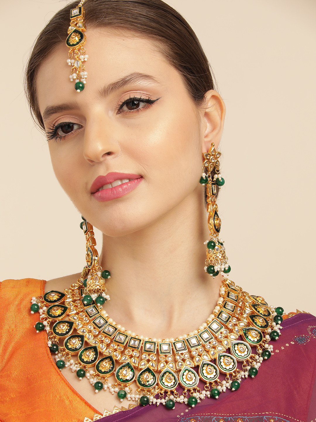 House of Pataudi Kundan & Meenakari Golden Premium Necklace Set
