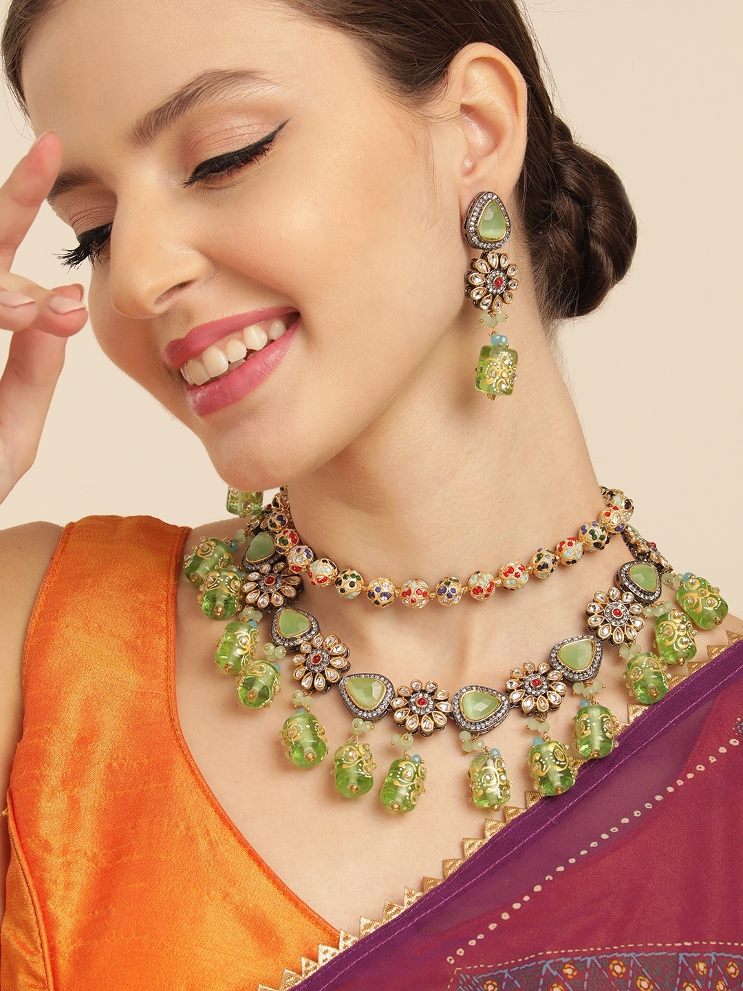 House of Pataudi AD & Kundan Stud Black Gold Polish Layered Princess Necklace Set