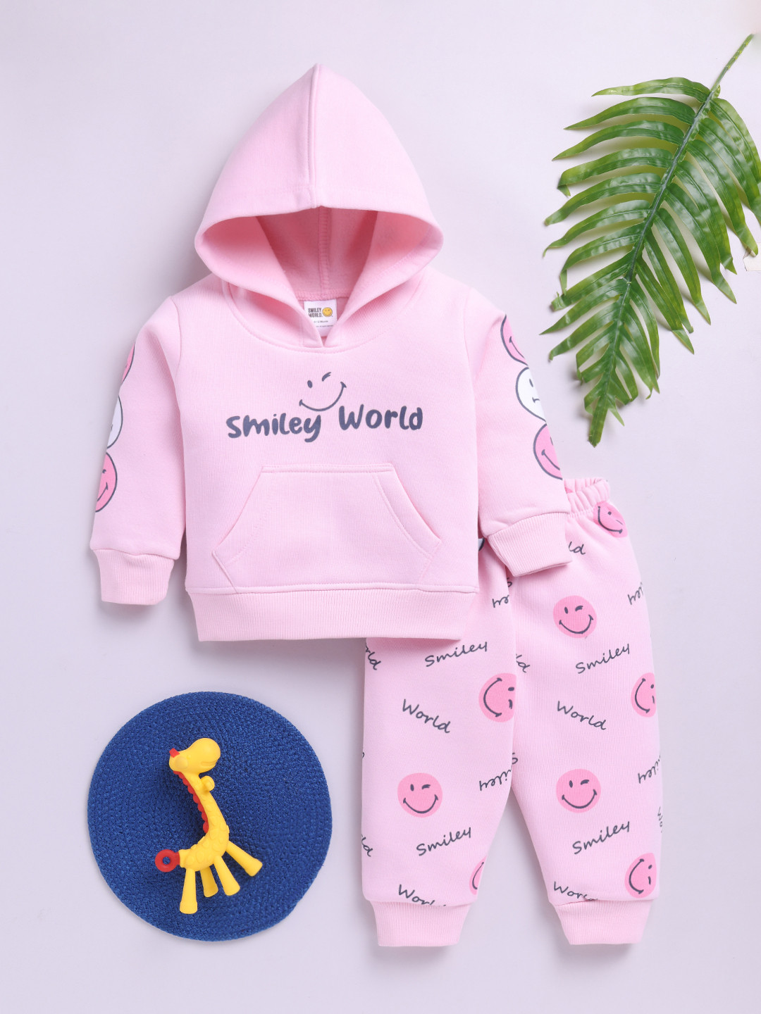 YK X Tinyo Infant Girls Smiley Printed Hooded Sweatshirt & Joggers