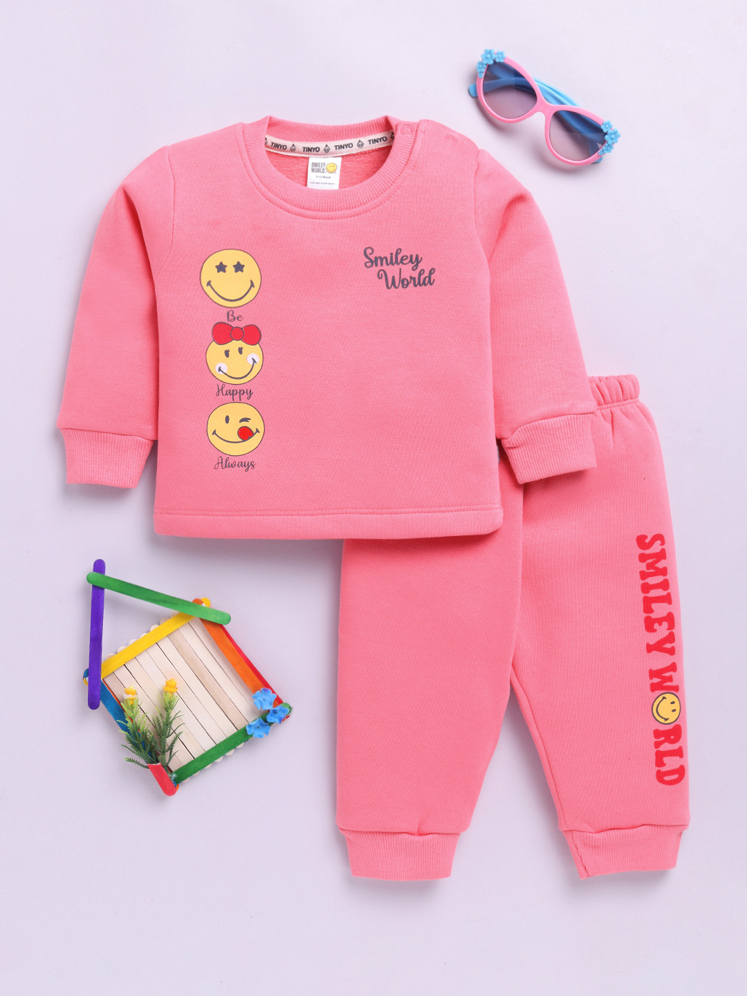 YK X Tinyo Infant Girls Smiley Printed Fleece Sweatshirts And Joggers For Winter