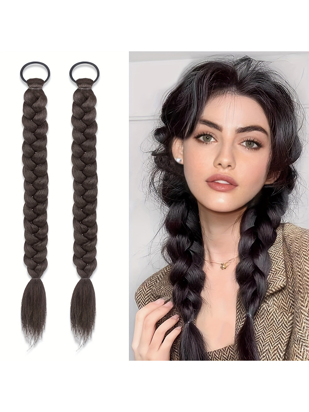 CHRONEX 2 Pcs Soft Braid Ponytail Extensions-Natural Brown