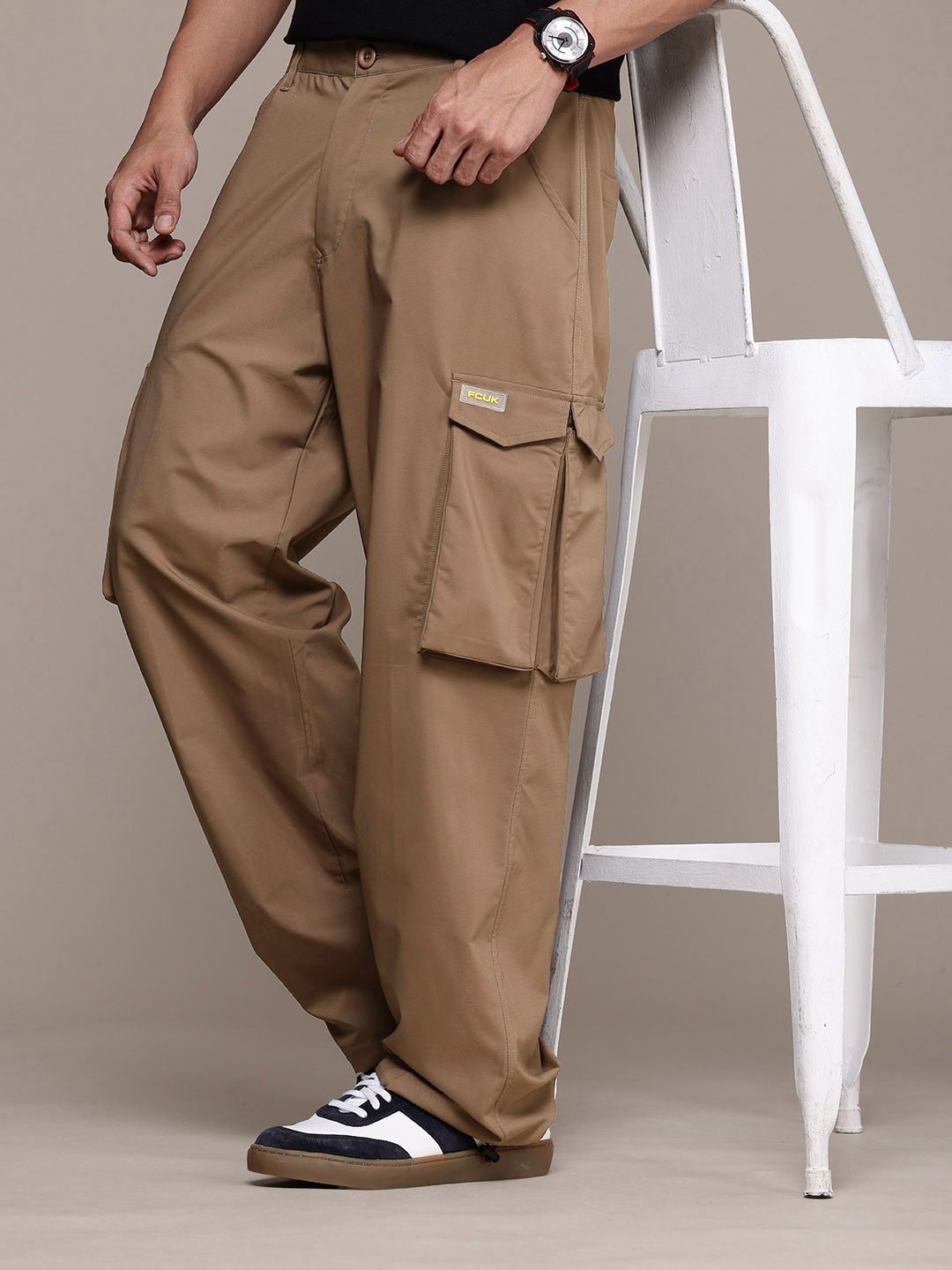 FCUK Men Relaxed Loose Fit Non Iron Cargos Trousers