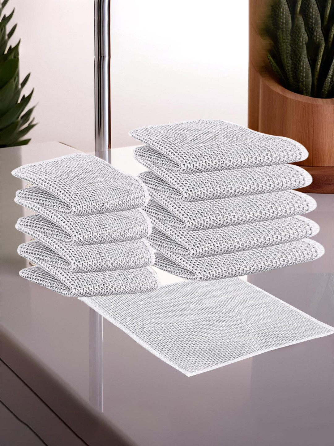 Kuber Industries Silver Toned 10 Pieces Double Layered Non Scratch Wire Dish Clothes