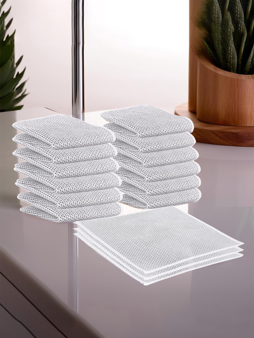 Kuber Industries Silver Toned 12 Pieces Double Layered Non Scratch Wire Dish Clothes