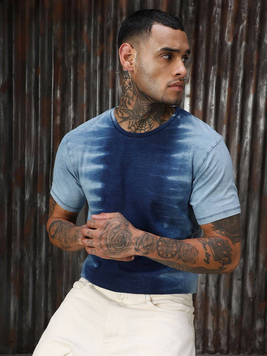 High Star Men Indigo Heavy Washed Round Neck T-Shirt