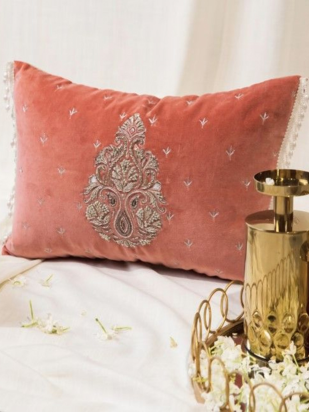 ALCOVE Pink Ethnic Motifs Velvet Durable 4 Pcs Embroidered Cushion Covers - 14 x 20 Inches