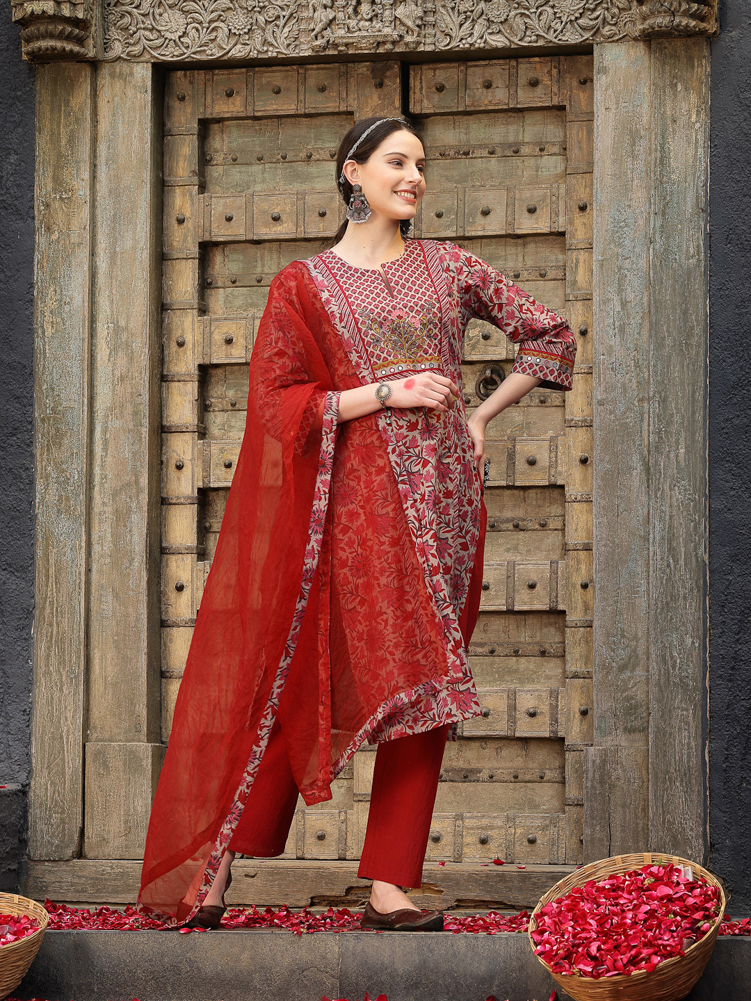 Nayam By Lakshita Floral Printed Regular Mirror Work Straight Kurta with Palazzos Set