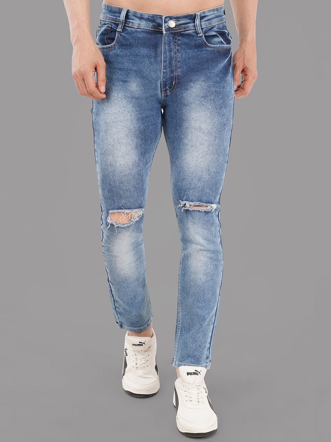 DAKWINS Men Light Fade Slash Knee Skinny Fit Stretchable Jeans