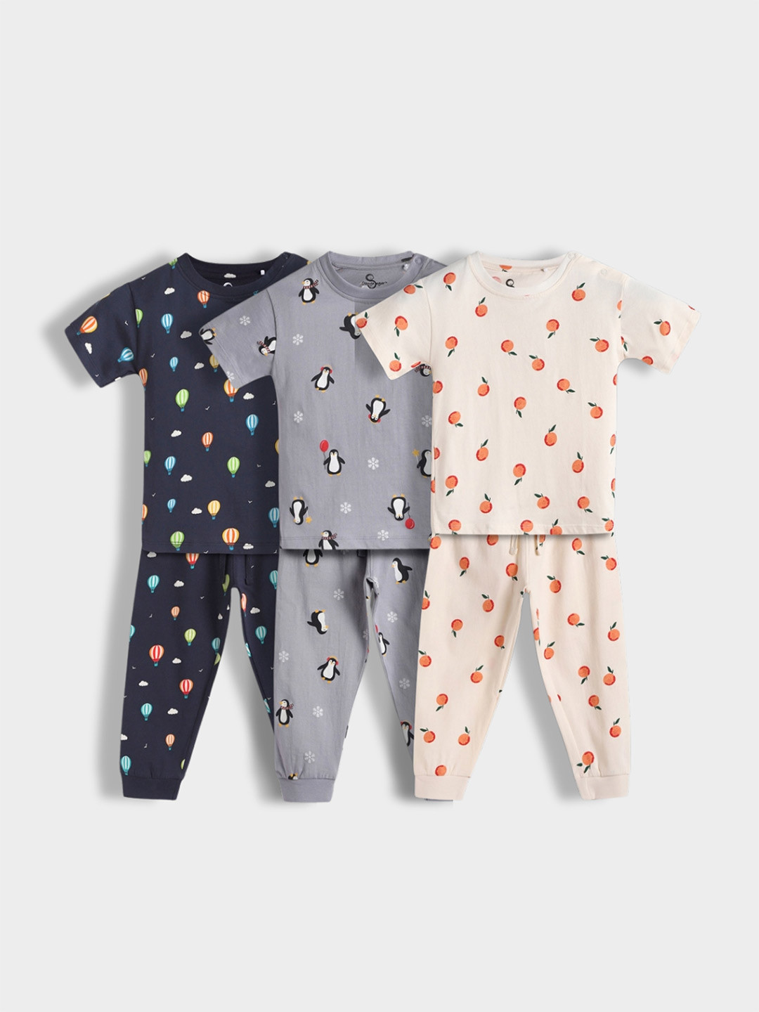 Orange Sugar Kids Pack Of 3 Printed Round Neck Short Sleeves Pure Cotton T-shirt & Pyjamas