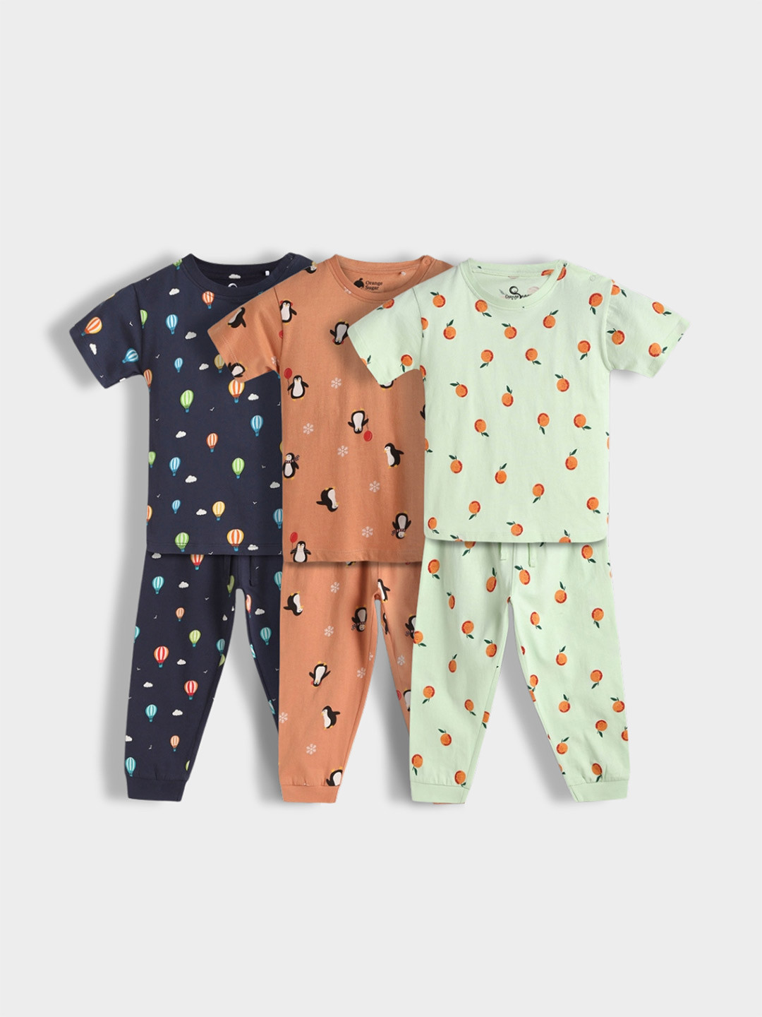 Orange Sugar Unisex Kids Pack of 3 Printed T-shirt with Pyjamas