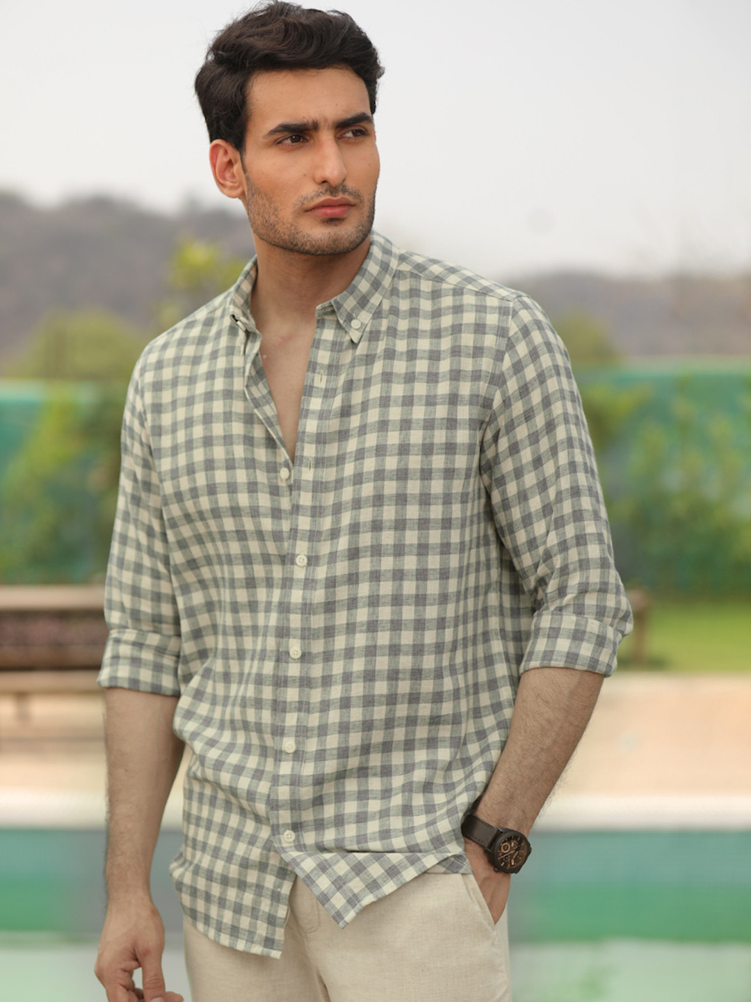 PERCH Men India Slim Grid Tattersall Checked Linen Blend Casual Shirt