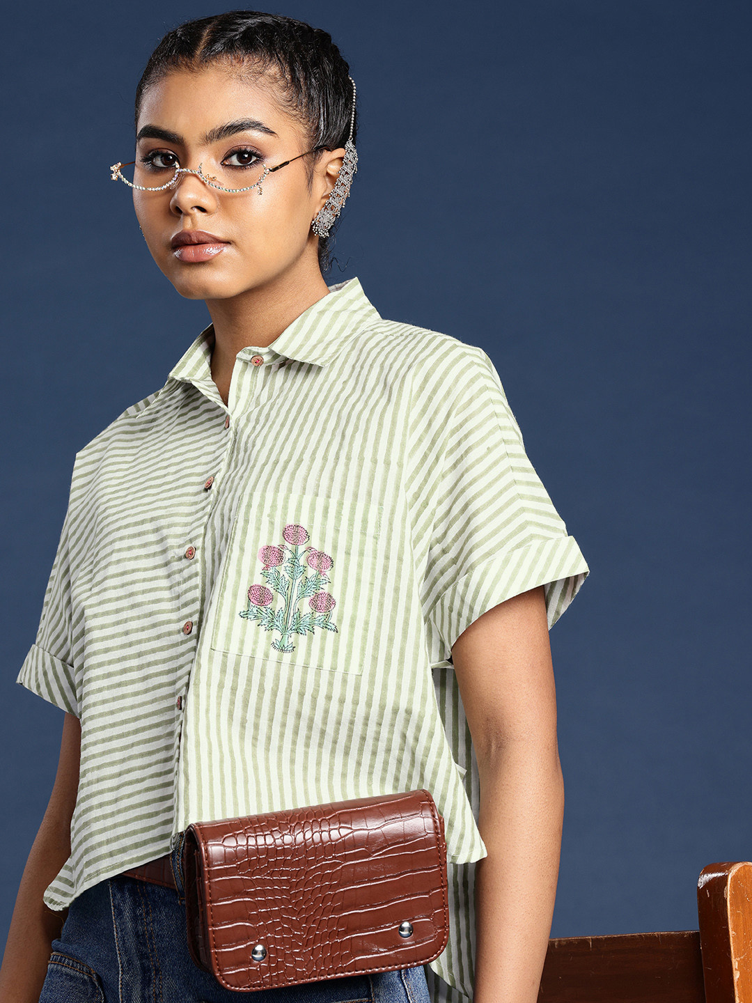 Taavi Sanganeri Pure Cotton Striped Boxy Fit High Low Minimal Print Crop Shirt