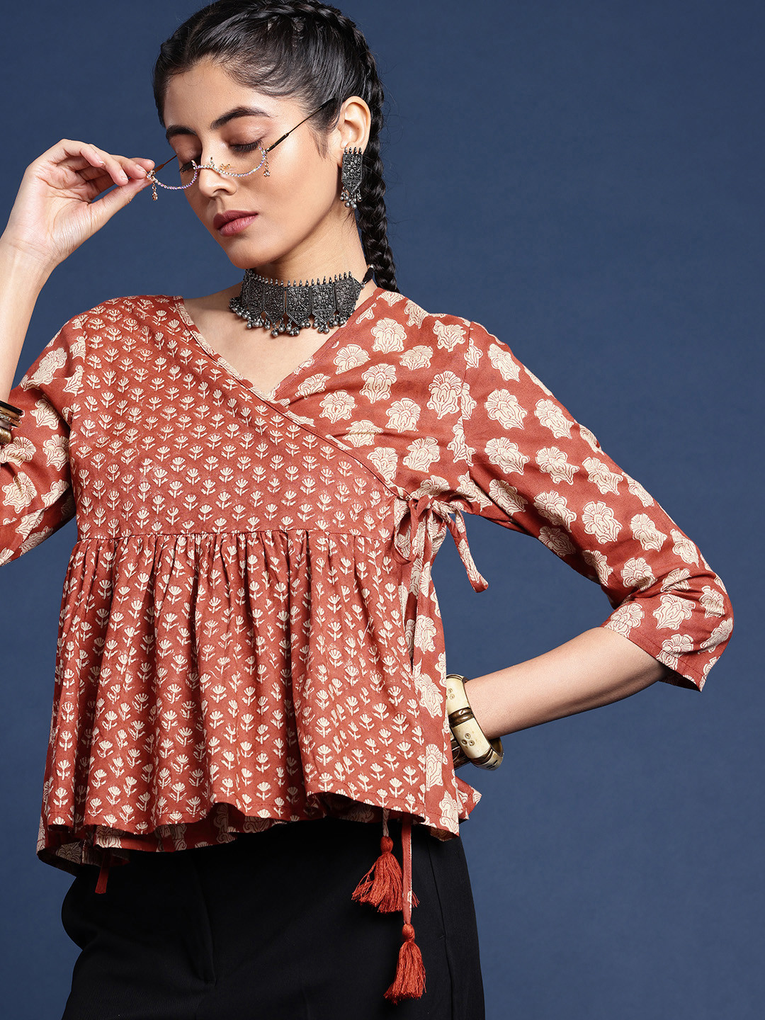 Taavi Floral Printed V-Neck Pure Cotton Block Print Legacy Wrap Top