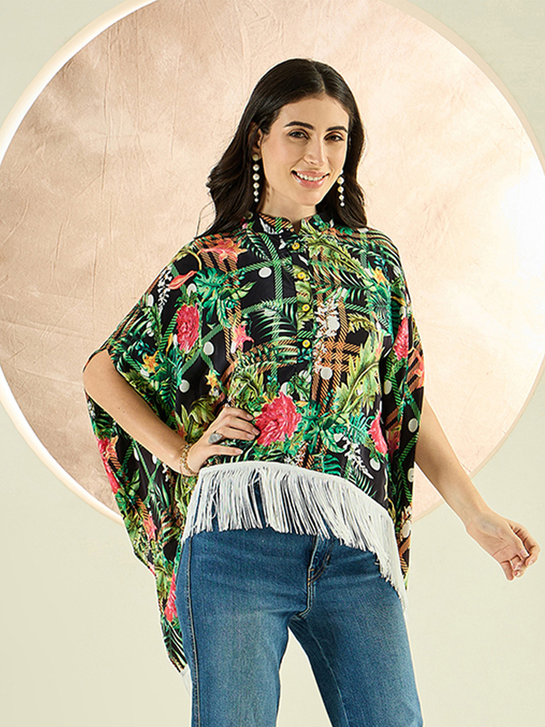 First Resort by Ramola Bachchan Tropical Print Flared Sleeve Crepe Women Kaftan Mini Top