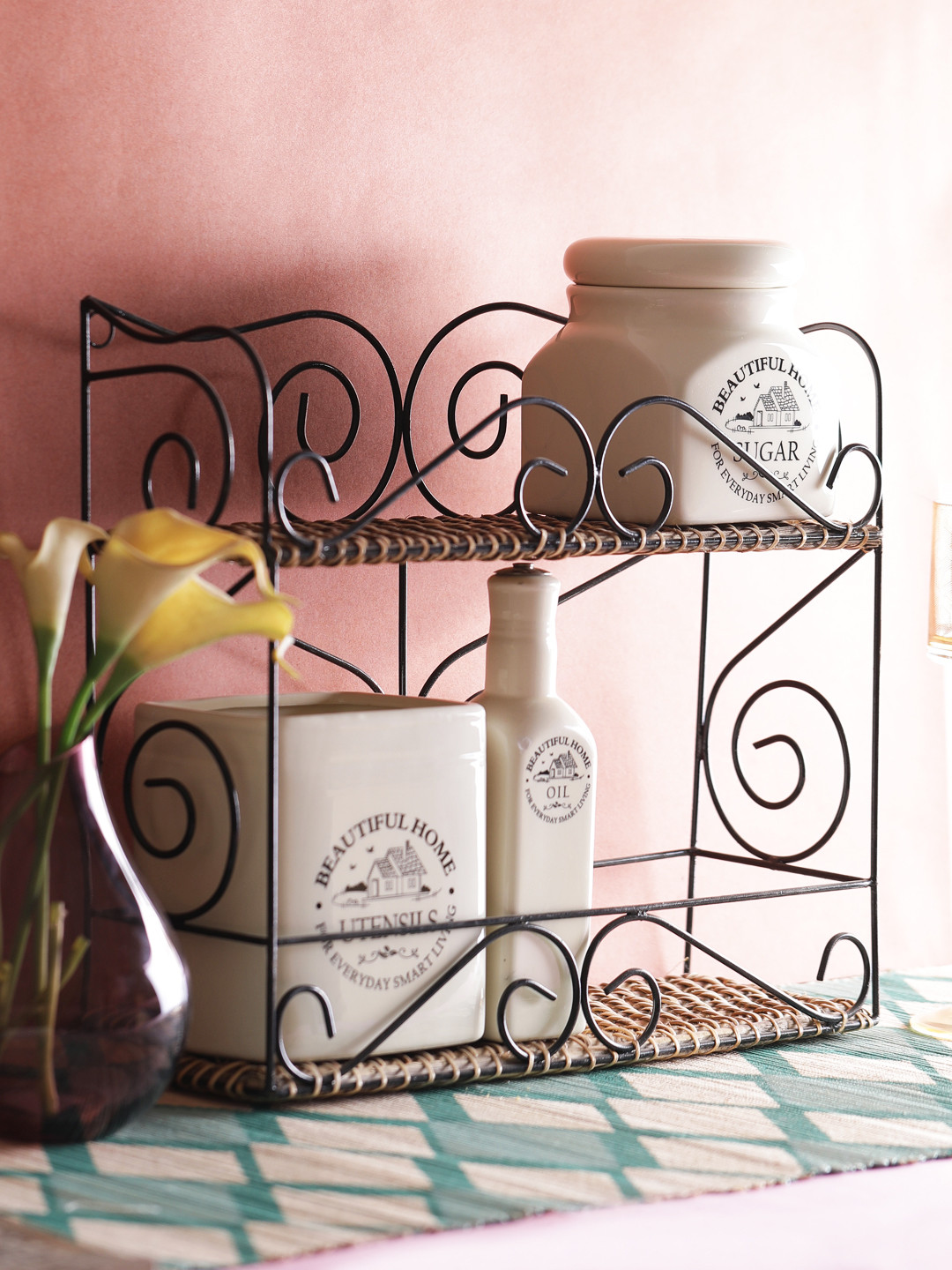 VarEesha Black & Beige Wood Bamboo/ Cane with Iron Two Shelf Multipurpose Rack