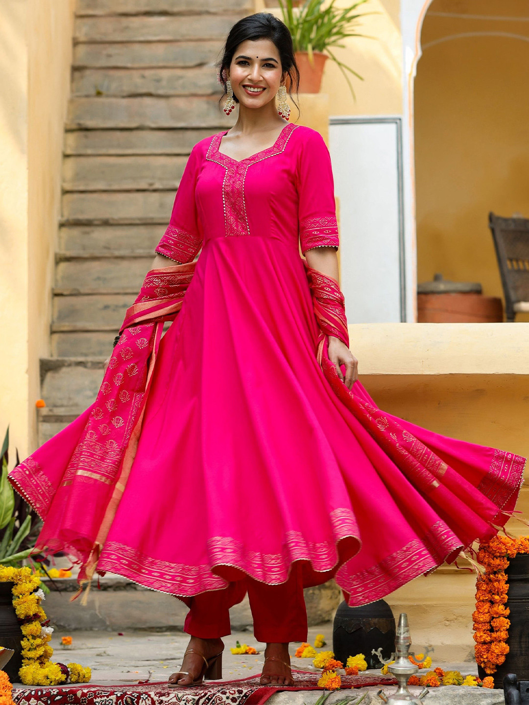 Anni Designer Floral Yoke Design Regular Anarkali Kurta with Trousers & Dupatta